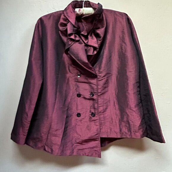 A La Mode by XiAO Ruffle Neckline Double-Breasted Blouse Jacket Small Burgundy - Picture 1 of 8